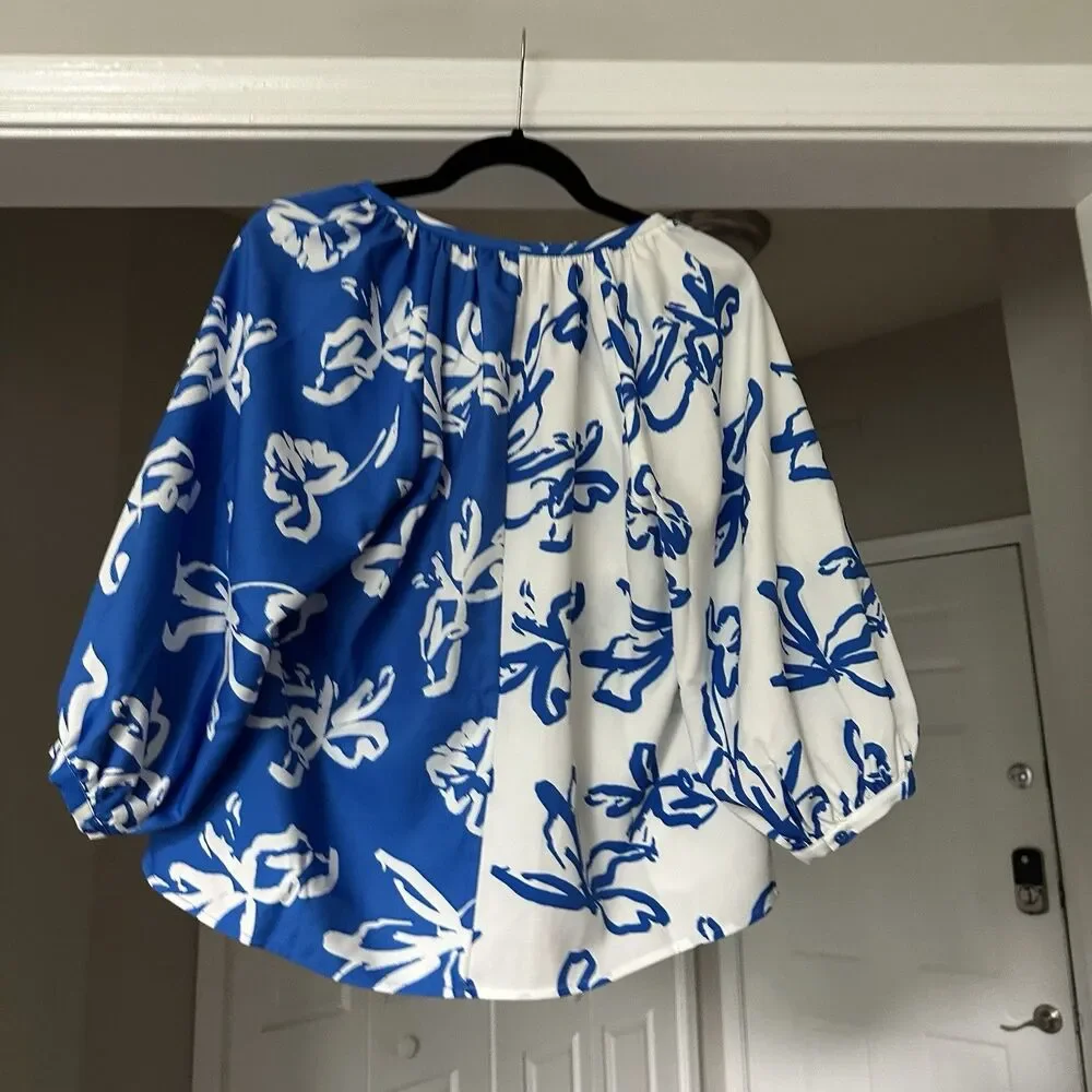 Crosby by Mollie Burch Blue & White Blouse Floral Size S Womens Top Cottage Chic - Picture 2 of 8